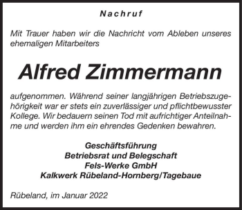 Traueranzeige von Alfred Zimmermann  von Magdeburger Volksstimme