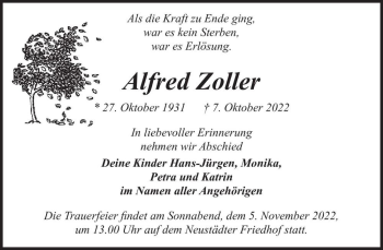 Traueranzeige von Alfred Zoller  von Magdeburger Volksstimme