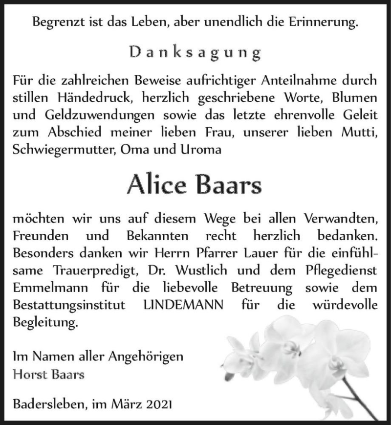  Traueranzeige für Alice Baars  vom 03.04.2021 aus Magdeburger Volksstimme