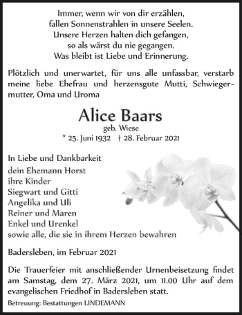 Traueranzeige von Alice Baars (geb. Wiese)  von Magdeburger Volksstimme