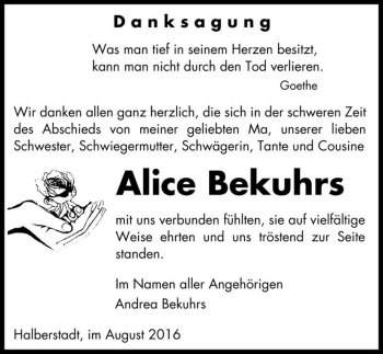 Traueranzeige von Alice Bekuhrs  von Magdeburger Volksstimme