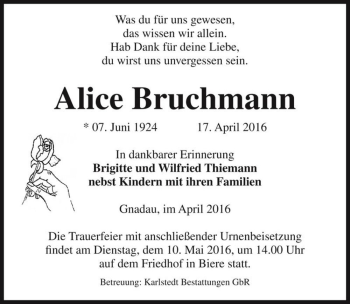 Traueranzeige von Alice Bruchmann  von Magdeburger Volksstimme