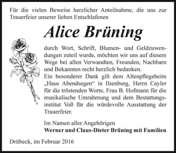 Traueranzeige von Alice Brüning  von Magdeburger Volksstimme