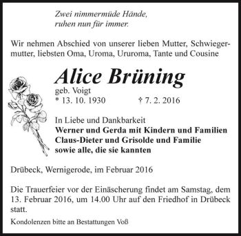 Traueranzeige von Alice Brüning (geb. Voigt)  von Magdeburger Volksstimme