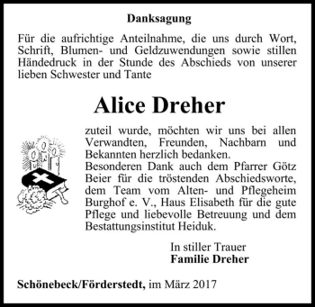 Traueranzeige von Alice Dreher  von Magdeburger Volksstimme