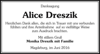 Traueranzeige von Alice Dreszik  von Magdeburger Volksstimme