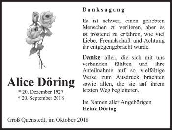 Traueranzeige von Alice Döring  von Magdeburger Volksstimme