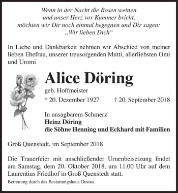 Traueranzeige von Alice Döring (geb. Hoffmeister)  von Magdeburger Volksstimme