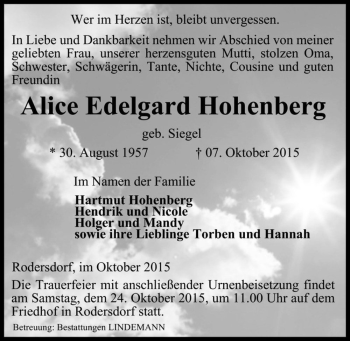 Traueranzeige von Alice Edelgard Hohenberg (geb. Siegel)  von Magdeburger Volksstimme