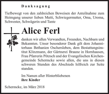 Traueranzeige von Alice Ferl  von Magdeburger Volksstimme