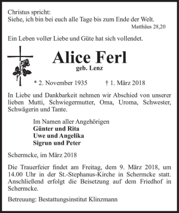 Traueranzeige von Alice Ferl (geb. Lenz)  von Magdeburger Volksstimme