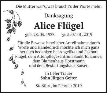 Traueranzeige von Alice Flügel  von Magdeburger Volksstimme