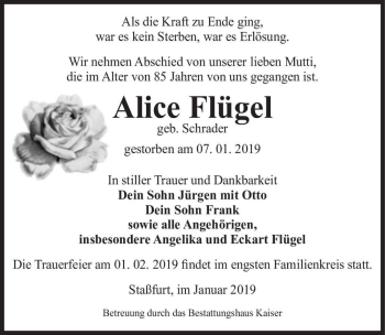 Traueranzeige von Alice Flügel (geb. Schrader)  von Magdeburger Volksstimme