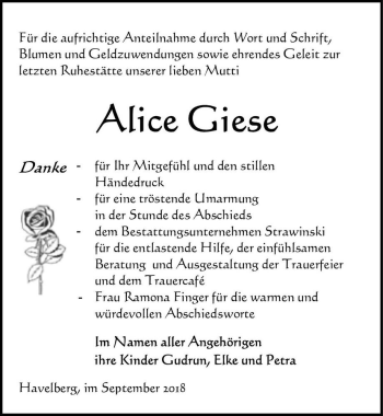 Traueranzeige von Alice Giese  von Magdeburger Volksstimme