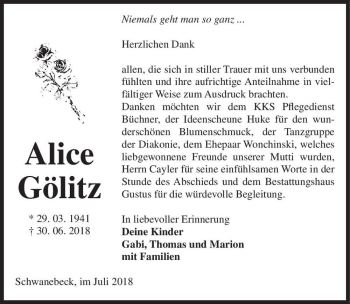 Traueranzeige von Alice Gölitz  von Magdeburger Volksstimme