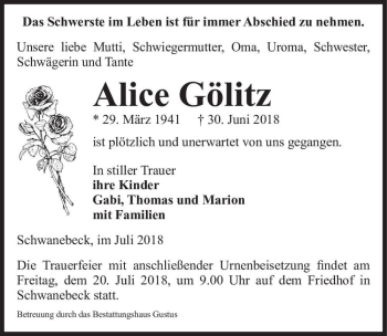 Traueranzeige von Alice Gölitz  von Magdeburger Volksstimme