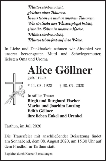 Traueranzeige von Alice Göllner (geb. Traub)  von Magdeburger Volksstimme