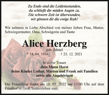 Traueranzeige von Alice Herzberg (geb. Jahnel)  von Magdeburger Volksstimme