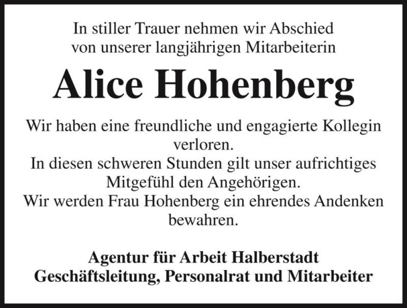  Traueranzeige für Alice Hohenberg  vom 24.10.2015 aus Magdeburger Volksstimme