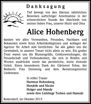 Traueranzeige von Alice Hohenberg  von Magdeburger Volksstimme