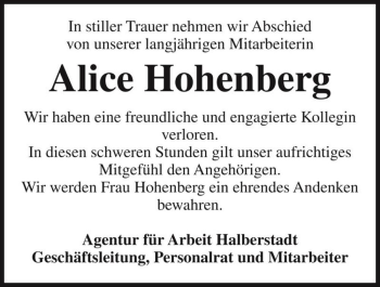 Traueranzeige von Alice Hohenberg  von Magdeburger Volksstimme