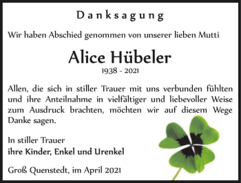 Traueranzeige von Alice Hübeler  von Magdeburger Volksstimme