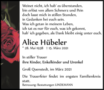 Traueranzeige von Alice Hübeler  von Magdeburger Volksstimme