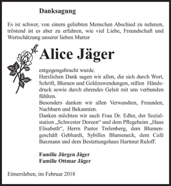 Traueranzeige von Alice Jäger  von Magdeburger Volksstimme