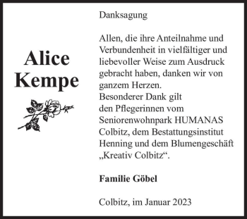 Traueranzeige von Alice Kempe  von Magdeburger Volksstimme