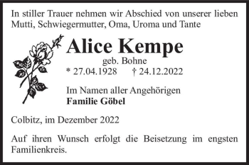 Traueranzeige von Alice Kempe (geb. Bohne)  von Magdeburger Volksstimme