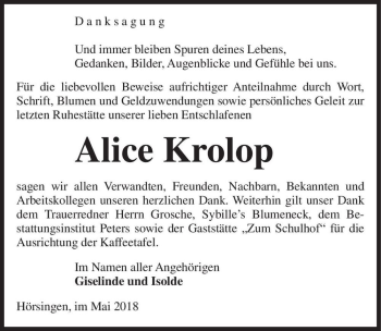 Traueranzeige von Alice Krolop  von Magdeburger Volksstimme