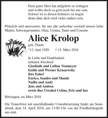 Traueranzeige von Alice Krolop (geb. Thiele)  von Magdeburger Volksstimme