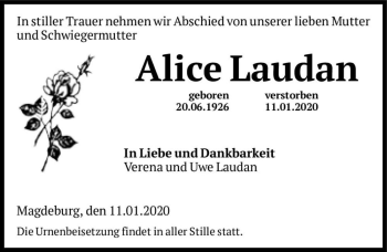 Traueranzeige von Alice Laudan  von Magdeburger Volksstimme
