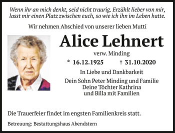 Traueranzeige von Alice Lehnert (verw. Minding)  von Magdeburger Volksstimme