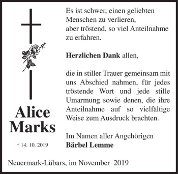 Traueranzeige von Alice Marks  von Magdeburger Volksstimme