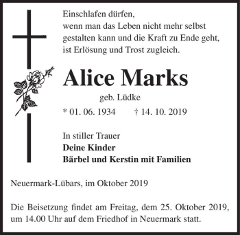Traueranzeige von Alice Marks (geb. Lüdke)  von Magdeburger Volksstimme