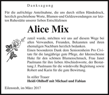Traueranzeige von Alice Mix  von Magdeburger Volksstimme