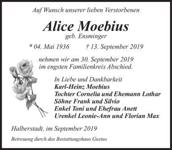 Traueranzeige von Alice Moebius (geb. Ensminger)  von Magdeburger Volksstimme