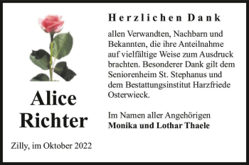Traueranzeige von Alice Richter  von Magdeburger Volksstimme