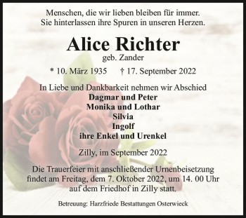 Traueranzeige von Alice Richter (geb. Zander)  von Magdeburger Volksstimme