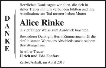 Traueranzeige von Alice Rinke  von Magdeburger Volksstimme