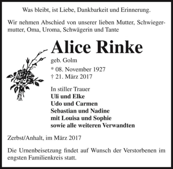 Traueranzeige von Alice Rinke (geb. Golm)  von Magdeburger Volksstimme