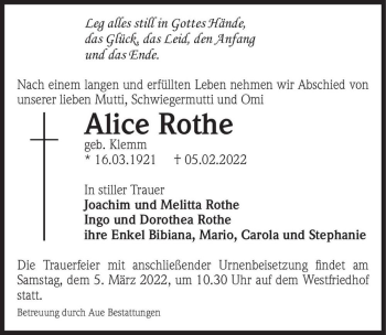 Traueranzeige von Alice Rothe (geb. Klemm)  von Magdeburger Volksstimme