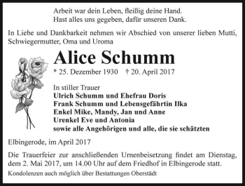 Traueranzeige von Alice Schumm  von Magdeburger Volksstimme