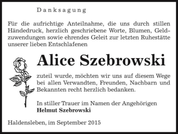 Traueranzeige von Alice Szebrowski  von Magdeburger Volksstimme