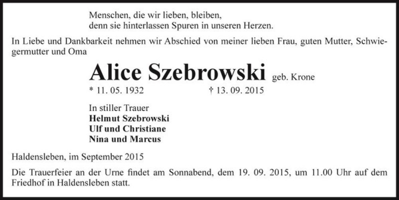 Traueranzeige für Alice Szebrowski (geb. Krone)  vom 16.09.2015 aus Magdeburger Volksstimme