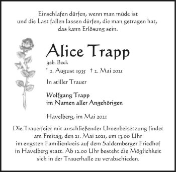 Traueranzeige von Alice Trapp (geb. Beck)  von Magdeburger Volksstimme