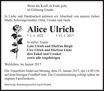 Traueranzeige von Alice Ulrich  von Magdeburger Volksstimme