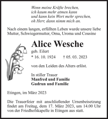 Traueranzeige von Alice Wesche (geb. Eilert)  von Magdeburger Volksstimme