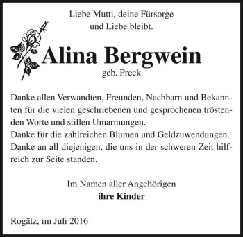 Traueranzeige von Alina Bergwein (geb. Preck)  von Magdeburger Volksstimme